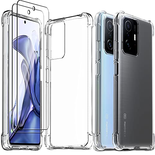 Ferilinso Funda para Xiaomi Mi 11T/ Mi 11T Pro + 2 Piezas Cristal Templado Protector de Pantalla [Transparente TPU Carcasa] [10X Anti-Amarilleo] [Anti-Choque] [Anti-arañazos] [9H Dureza] Cover