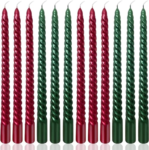 Lot de 6 bougies coniques en spirale de 25,4 cm pour Noël, 6 chandeliers torsadés verts et bordeaux non parfumés, bougies effilées fines pour décorations de fête de vacances