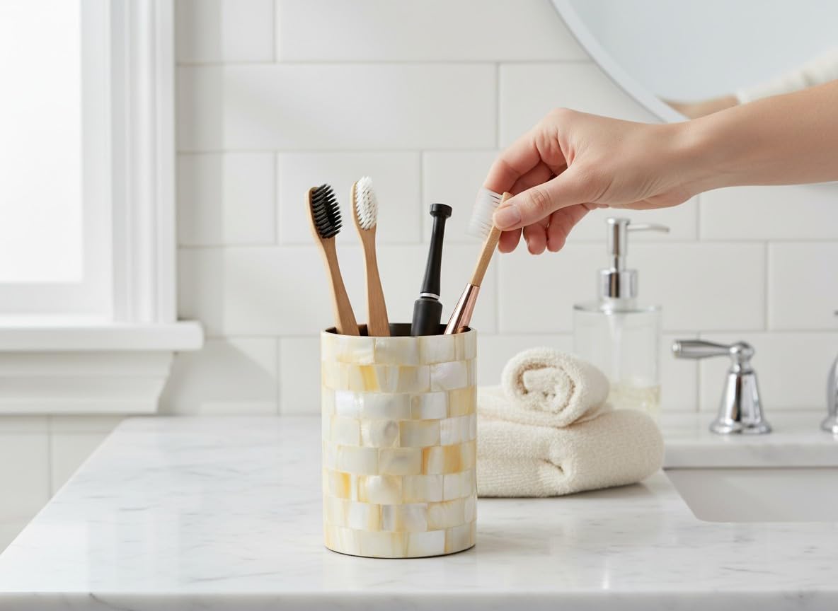 Toothbrush Holder Organizer Toothpaste Holder Makeup Brushes Cup Razors Holder Bathroom Countertop Organizer Essentials Mother of Pearl Bath Accessories Office Pen Holder (Pack of 2)