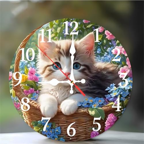Horloge murale 30 cm chat panier de fleurs - Modèle silencieux quartz
