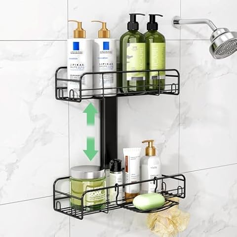Kitstorack Shower Caddy Hanging - Adjustable Shower Organizer with Soap Dish Rustproof Stainless Steel Shelf & Aluminum Spine No Drilling Shower Shelves for Bathroom Organizers and Storage Cover