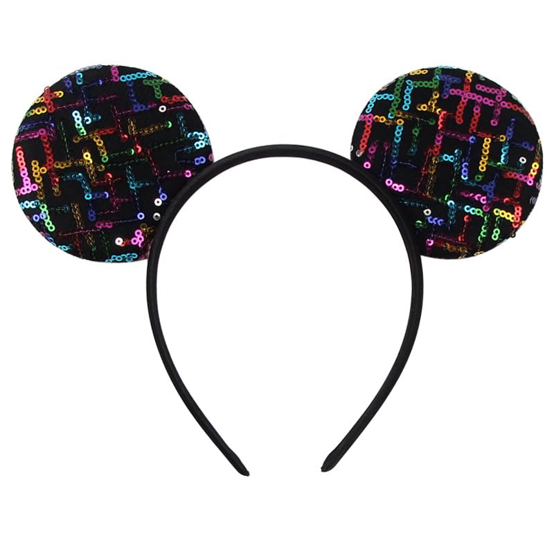 Batsysm Black Mouse Ear Headband with Glittering Beadings, Party Decoration Park Festival Hairband for Unisex Adult and Children