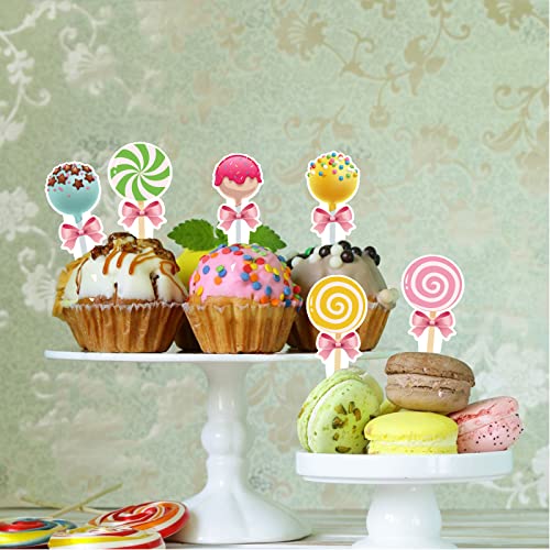 Uomnicue Lollipop Cupcake Toppers,24 Pcs Colorful Swirl Lollipop Bow Candyland Cake Decoration Muffin Toppers For Kids Boys Girls Birthday Baby Shower Sweet Candyland Themed Party Supplies Favors #TOP4