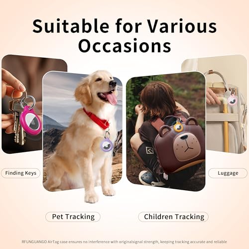 Image of RFUNGUANGO Apple AirTag Holder with Key Ring 4 Pack AirTag Case | Hard Protective AirTag Case for Kid, Pet, Luggage, Backpack, Key - Yellow /Pink /Purple /Rosered