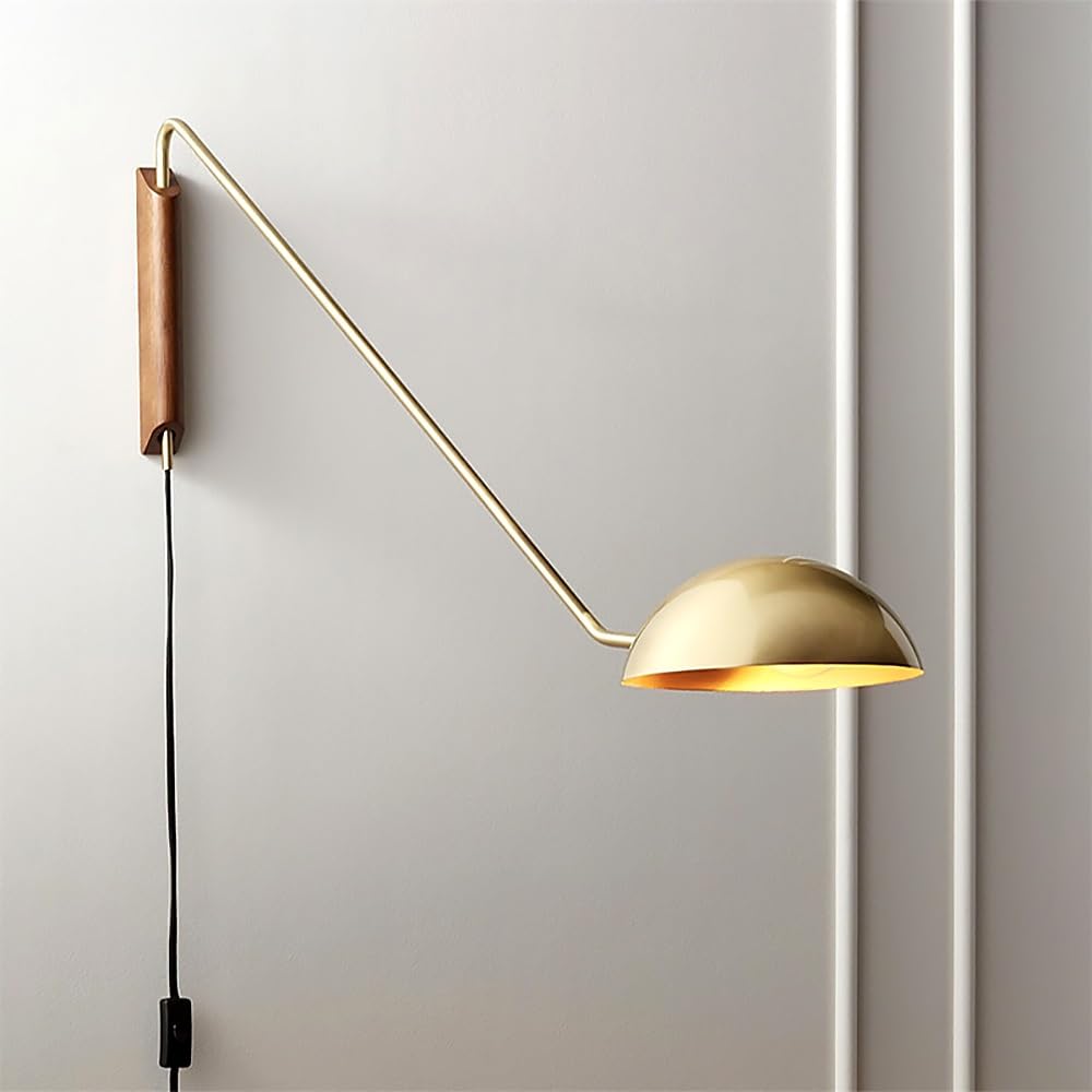 ITOSUI Farmhouse Vintage Wall Lamp, Swing Arm Adjustable Reading Light with Wood Mount, Plug-in Dimmable Wall Sconce Lighting for Bedside (Gold/Black)(Gold)