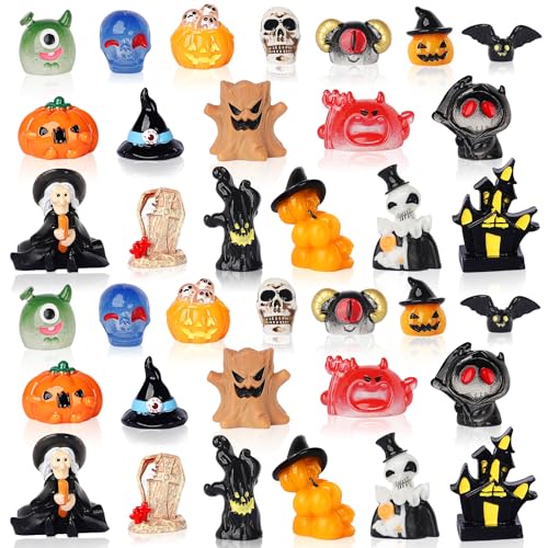 EKisemio 36pcs Halloween Mini Resin Figures Tiny Resin Animals Pumpkin Ghost Ornaments for Halloween Theme Miniature Garden Decorations Fairytale Garden Accessories Plant Pot Craft Decorations