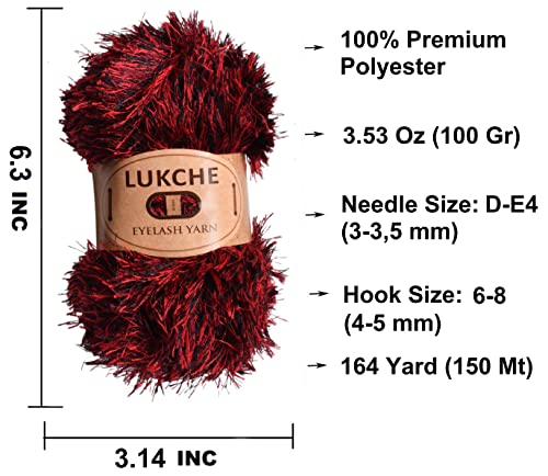 Image of Eyelash Fun Fur Yarn Premium 100% Polyester 164 Yds (150 Mt), 3.53 Oz (100 Gr) Colorful Crochet Yarn Dıy Hand Knitting (Black Red, 3 Skein)