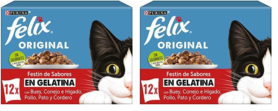 Purina Felix Gelatina Comida Húmeda para Gato Adulto Pack Surtido Carnes, 6 Paquetes de 12 Sobres de 85g - 72 Sobres (Paquete de 2)