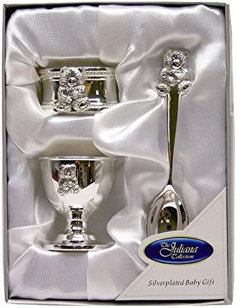 Silver Plated Christening Teddy Bear Egg Cup Spoon & Ring Set