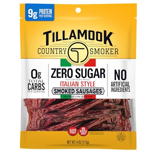 Tillamook Country Smoker Smoked Sausage, Zero Sugar, Italian Style, 4 Ounce (1 Pack) Real Hardwood Smoked Italian Sausages, Low Carb, High Protein, Ready To Eat Keto Snack