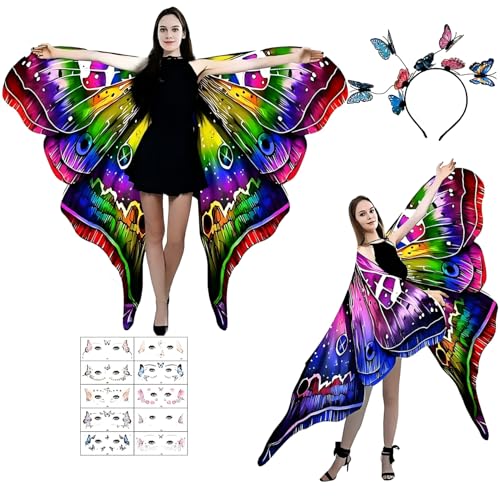 Schmetterling Kostüm Damen Doppelseitig Schmetterlingsflügel Erwachsene Faschingskostüme Damen Schmetterling Umhang Schmetterlingskostüm Erwachsene mit Haarreif für Cosplay Karneval Fasching