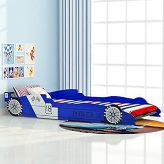 Childrens Racing Car Bed 90 x 200 cm Blue and MDF Frame + Wooden Slats