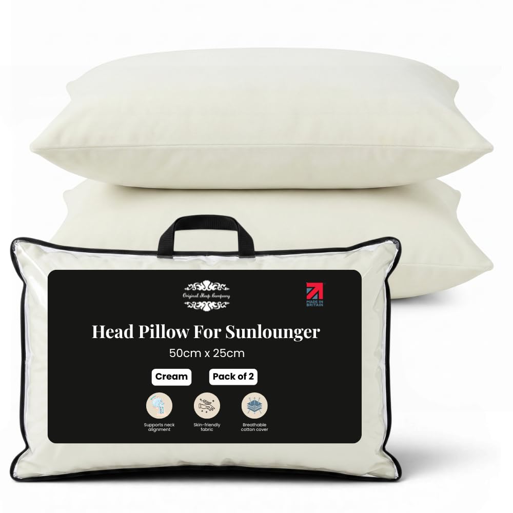 Original Sleep Company Sun Lounger Pillow – Adjustable Garden Chair Headrest for Sunbed, Recliner & Deck Chair, Outdoor Cushion, 50cm x 25cm Cream, Pack of 1 (Cream, Pack of 4)