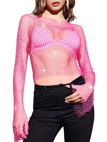 Liutufy Blusa de malla de manga larga con diamantes de imitación para mujer, elegante y transparente para la playa, Rosa Rojo, M