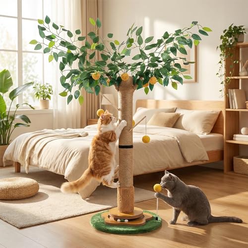 DOKKOME Kratzbaum für Katzen Kratzstamm mit Premium-Sisalseil Kratzsäul interaktiven baumelnden Bällen Spielzeug für Indoor Katzenkratzbaum Kätzchen und Katzen