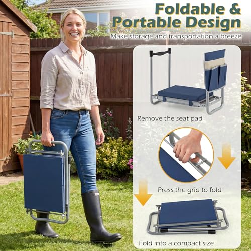 Image of 2-in-1 Garden Kneeler and Seat, Folding Garden Seat w /EVA Foam Kneeling Pad & Removable Tools Pouch, Sturdy Steel Frame, No Assembly, Portable Heavy Duty Garden Stool for Women Men Seniors
