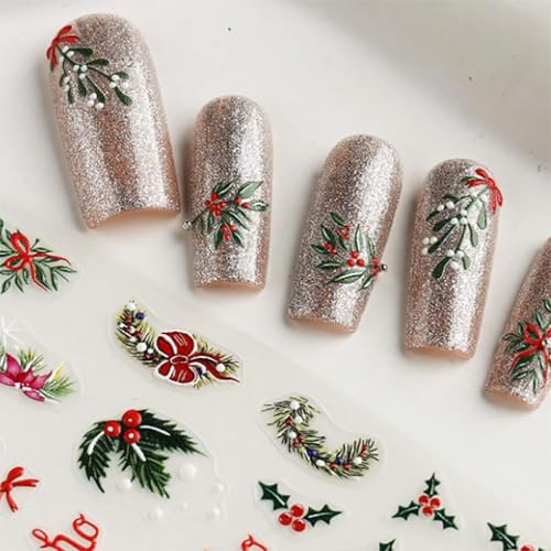 BelleFlair 8 Sheets 5D Christmas Nail Stickers, Embossed Snowflake Art Decals, Self Adhesive Holly Xmas Nail Transfers, Winter Holiday Designs for Women Kids DIY Manicure Decoration - Image 4