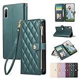 Rosbtib 用の Xperia 10 II ケース 手帳型 docomo SO-41A ケース おしゃれ 財布型 カバー エクスぺリア10 ii 手帳型ケース ファスナー型 小銭入れ 携帯カバー カード収納 SOV43 Xperia10ii スマホケース チェック柄 刺繍 高級PUレザー 肌触り良い ストラップ付 マグネット式開閉式 スタンド機能 全面保護(グリーン)