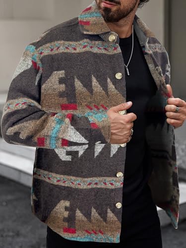PLEPAN Men's Casual Aztec Print Cotton Button Down Jacket Long Sleeve Overshirt Turndown Collar Western Shacket Coat2