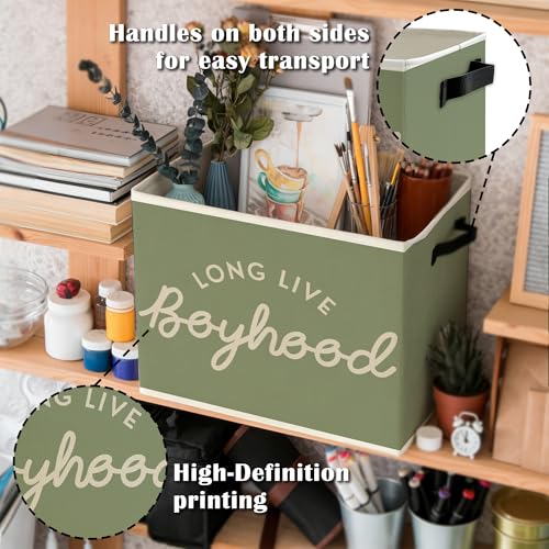 Image of Long Live Boyhood Boys Storage Bins Box with Handles, Green Collapsible Basket Organizer for Kids Teen Boy Nursery Room Bedroom Bathroom Playroom Books Clothes