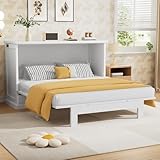 PVWIIK Queen Murphy Bed Frame with Drawer & Charging Station for Home Office or Small Room,Cabinet Bed w/Slats Support for Girls/Boys,Modern Style & Space Saving Design,White