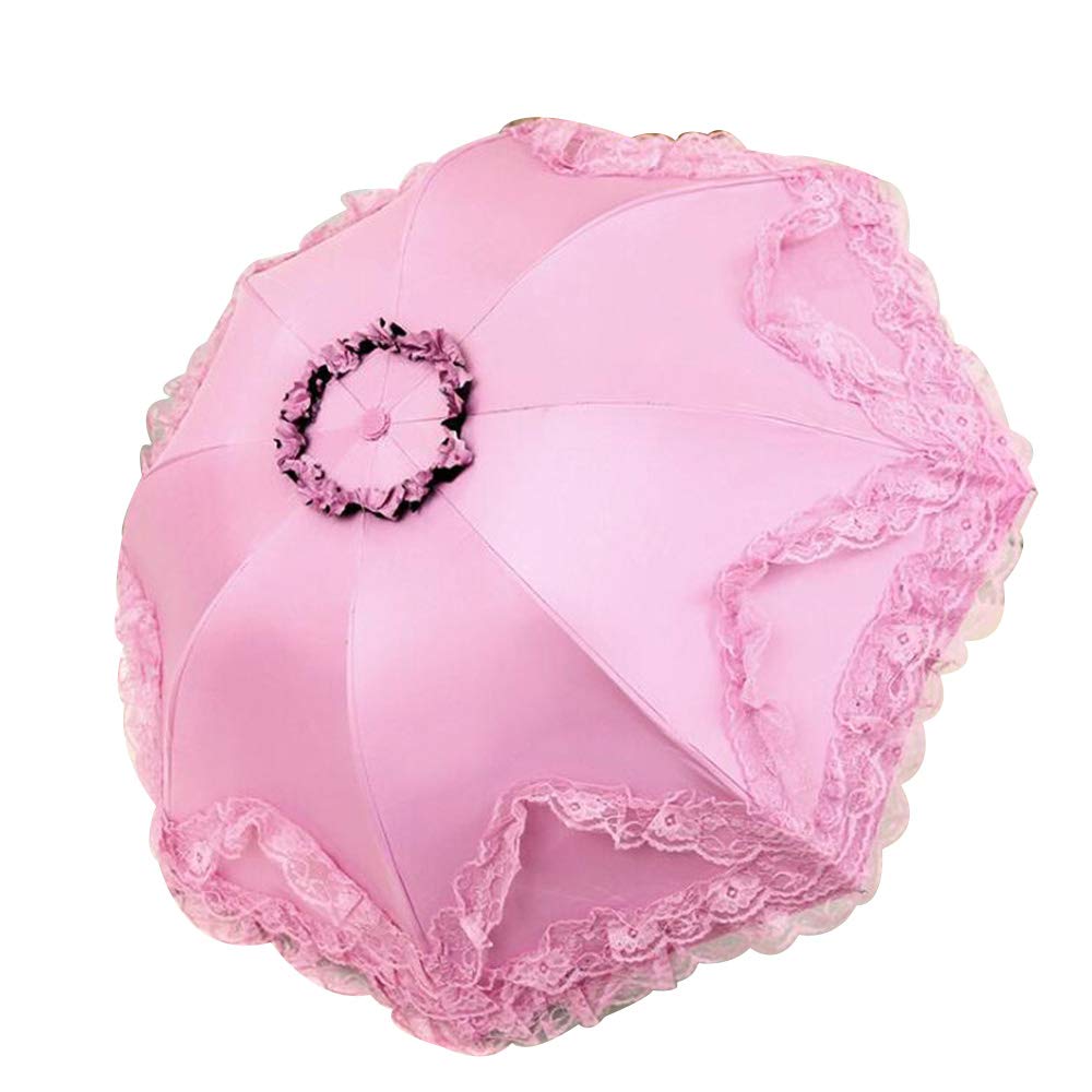 IUU High Quality Lace Folding Umbrella Flower Umbrella 8 Ribs Umbrellas Windproof 95% Anti UV Sun&Rain Travel Umbrella Golf Umbrella Lightweight Portable (Pink)