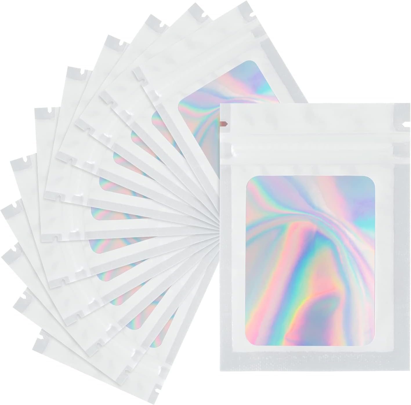 joycraft 100 Pcs Mylar Bags, Holographic Packaging Bags, Resealable Smell Proof Bags, Jewelry Pouch Bag for Small Business, Clear Foil Pouch Bag for Candy, Data Cable, Lipgloss(White, 3.5x4.7 In)