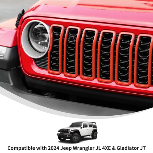 Image of Linskip for 2024-2025 Jeep Wrangler JL 4XE & Gladiator JT Grille Inserts, Meshless Grille Bezel Covers for Jeep Wrangler Sport Rubicon Sahara Willys Mojave Rubicon,Exterior Accessories(Orange)