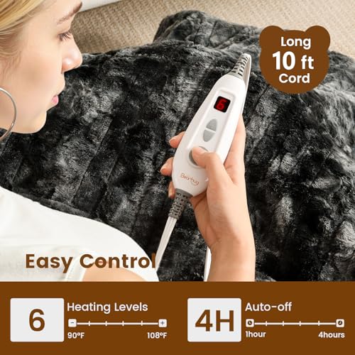 Image of Bearhug Heated Throw Blanket 50 inch x 60 inch Electric Throw Warming Blanket Reversible Faux Fur & Sherpa, 6 Heating Levels & 4H Auto Off, Over-Heat Protect, ETL, Washable Heated Blanket Marble Black