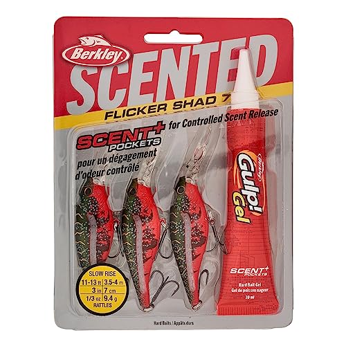 Berkley Scented Flicker Shad Pro 3 Pack Fishing Lure, Red Tiger, 5/16 oz, 2.75in | 7 cm, Size, Profile and Dive Depth Imitates Real Shad, Equipped with Fusion19 Hook
