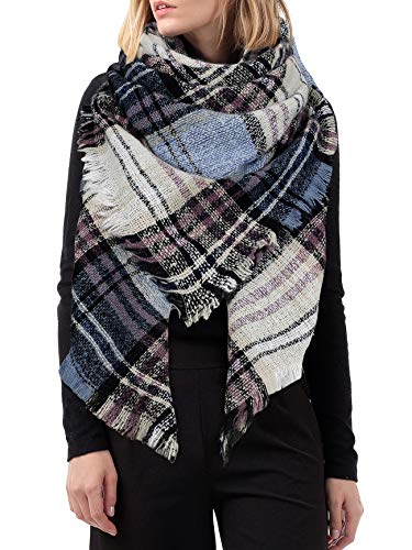 American Trends Womens Plaid Blanket Scarf For Women Classic Soft Tartan Wrap Shawl Oversized Shawl Cape Scarves Blue Beige #TOP1