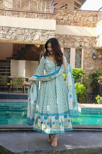 Image of GoSriKi Women's Rayon Viscose Printed Anarkali Kurta with Pant & Dupatta | Anarkali Suit for Women | Pure Cotton Suit Set for Women | Block Print Kurta Palazzo Dupatta Set