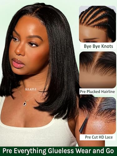Image of KLAIYI Yaki Straight Bob Wig Human Hair Bye Bye Knots Glueless Precut 7x5Lace Front Wig with Drawstring Pre Plucked Bleached Ready to Wear and Go Wigs for Women Beginner Friendly Pre Everything 12Inch