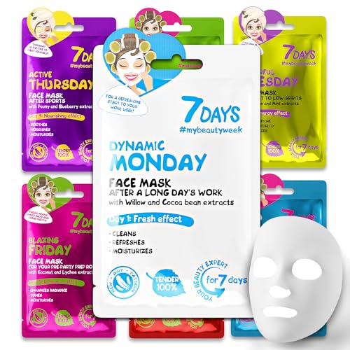 7Days Kit Maschere Viso in Tessuto Settimanale ad Effetto Idratante Purificante e Antirughe con Collagene Acido Ialuronico Burro di Karite ed Estratti Naturali per Skincare Donna Uomo e Bambini 7 pz