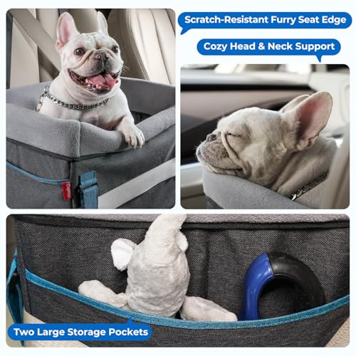 Dog Booster Car Seat for Small Dogs, Waterproof Pet Bed for Car Front and Back Seat, Pet Travel Cat Puppy Carseats Up to 25lbs, Clip-On Safety Leash and Booster Fluffy Pad, Grey - Thumbnail 5