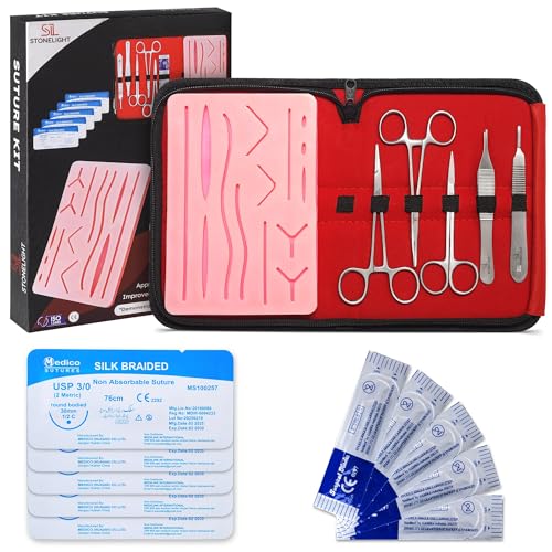 Complete Suture Practice Kit with Suturing Tools and Threads for Students Nursing Students - Premium Silicone Pad with 3 Layers 14 Pre-Cut Wounds Scissors Holders Training Guide