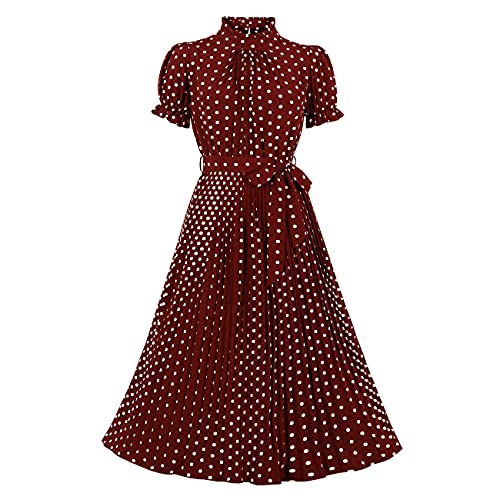 Wellwits Women's Polka Dots Frill Pleated Midi Vintage Cocktail Dress Wine S
