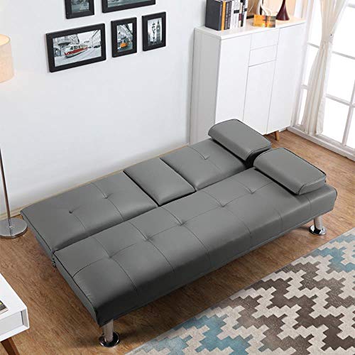 Yaheetech 3er-Sofa Schlafsofa Couch mit Tassenhalter Gästebett, Rückenlehne neigbar 105°/140°/180°, 167 x 81,5 x 75 cm, 350 KG belastbar, grau Kunstleder – Bild 5