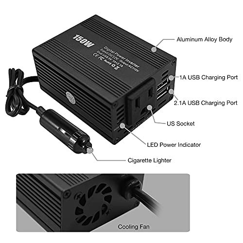 Homdec 150W Power Inverter 12V Dc To 110V Ac Car Plug Adapter Outlet Converter With 3.1A Dual Usb Ac Car Charger For Laptop Computer #TOP7