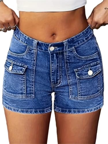 Short en jean taille haute pour femmes avec poche avant et bas extensible