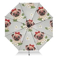 RPLIFE Cute Cartoon Pugs Compact Umbrella, Lightweight Portable Automatic Open/close Umbrella for Women, Travel Umbrellas for Rain, Wind and Sun