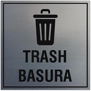 Signs ByLITA Square Trash Basura Sign - Easy Installation | Durable Material (Brushed Silver) - Small