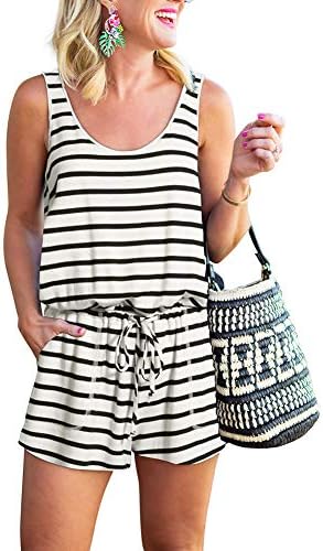 REORIA Womens Casual Summer One Piece Sleeveless Tank Top Striped Playsuits Workout Yoga Short Jumpsuit Beach Rompers White+Black Small