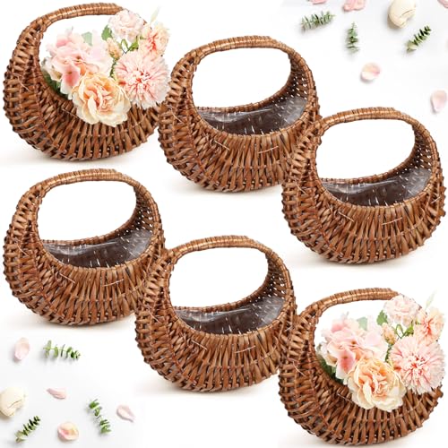 Hushee 6 Pcs Woven Flower Girl Basket 6.7 x 6.5 x 4.3 Inches Decorative Small Wicker Basket with Handle for Eggs Candy Storage Home Decoration Wedding Gifts Camping Picnic