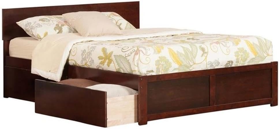 Pemberly Row Solid Wood King Storage Platform Bed, Walnut Finish, Adjustable Headboard 33.5-37.25 in, 2 Underbed Drawers, Built-in USB Charger, Durable Slat Kit, Transitional Design for Bedroom