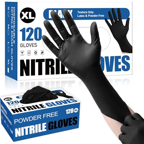 Fixwal Gloves for Cooking Food Prep, Black Disposable Nitrile Gloves, 4 Mil, 120 Count, Cleaning Service Gloves, Latex Free, Powder Free