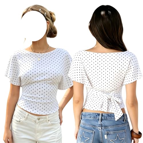 Image of QLQLWDD Women Polka Dot Tie Back Crop Top Y2K Flutter Short Sleeve Boat Neck Cinched Waist Fitted Summer Going Out Wrap Blouse (a White, L)