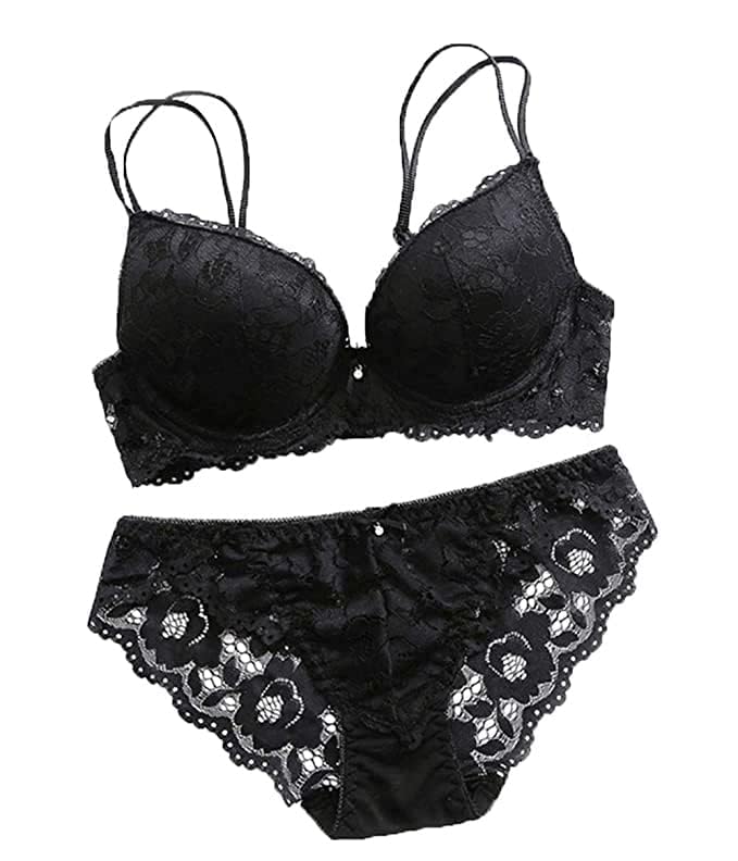Women's Sexy Push-Up Lace Bra & Panty Set | Underwired Lingerie Bikini & Underwear for Women & Girls (Black, 30B)-image-11