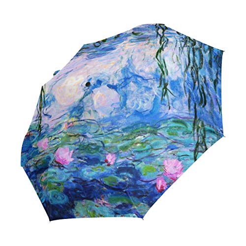 Alaza Monet Claude Water Lilies Oil Painting Travel Umbrella Auto Open Close Windproof Waterproof Folding Umbrella Compact Canopy Easy Carrying #TOP1