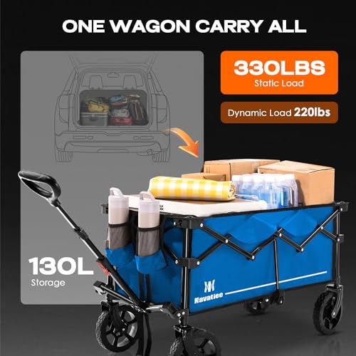 Navatiee Collapsible Wagon, Heavy Duty Folding Wagon with Drink Holders, Large Capacity Foldable Utility Grocery Wagon Cart for Shopping Garden Sports Outdoor Use